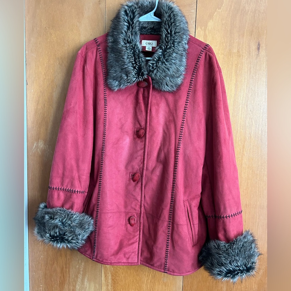 Red Faux Suede Jacket with Faux Fur Collar